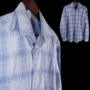 Tailored Bird Men’s Blue Plaid Button Down Shirt Shaped Fit L 100% Cotton Casual